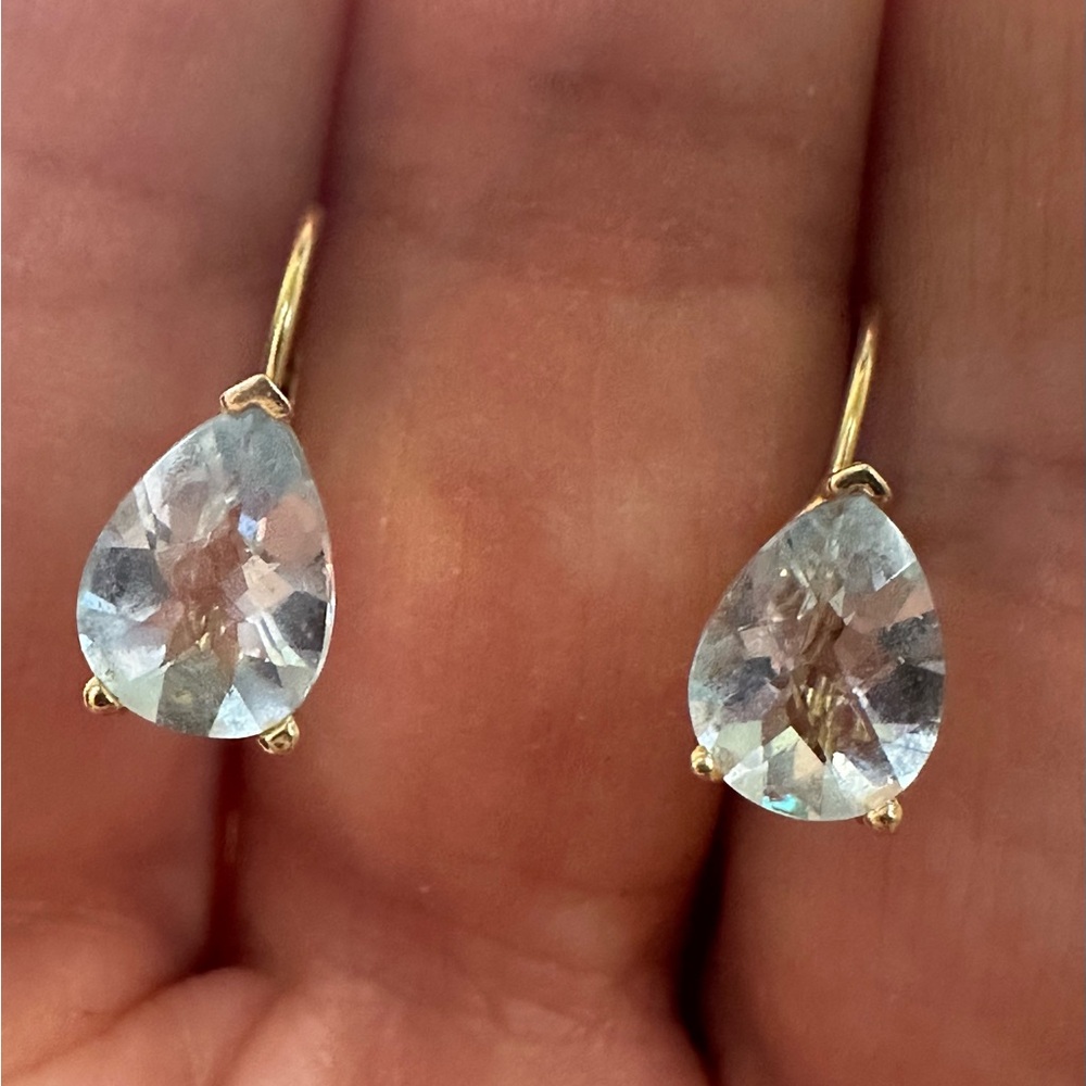 14k Yellow Gold Pear Shape Blue Topaz Earrings with Lever backs